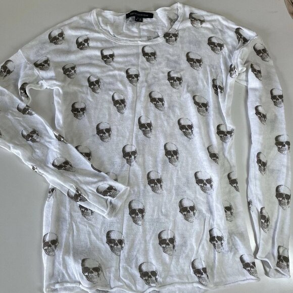 SKULL CASHMERE 100% Linen Skull Print Sweater Top Long Sleeve Lightweight XS - Picture 1 of 9